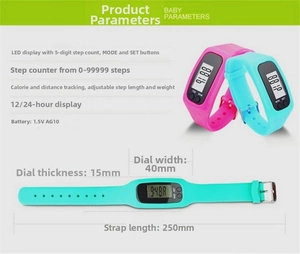 Detailed specs for multi-function LED pedometer watch showing strap and dial measurements