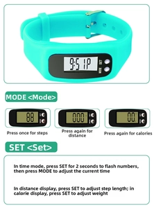 Detail view of silicone pedometer watch showing mode settings for steps and calories