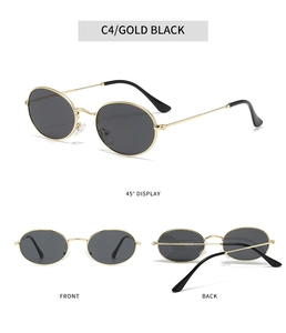Detailed views of retro oval metal sunglasses in gold black finish from multiple angles