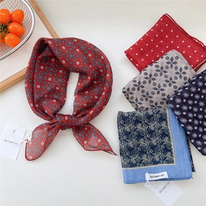 Retro floral cotton linen square scarf with geometric patterns and brand tag
