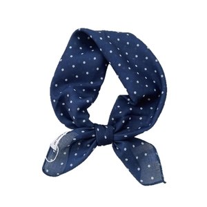 Dark blue polka dot cotton linen neck scarf with elegant white print and woven label