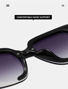 Close-up of comfortable nose support on black square frame sunglasses with purple lenses