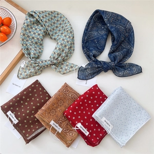 Polka Dot Paisley Geometric Print Square Scarf Polyester Cotton Blend Neckerchief For Women Retro Headband Hair Wrap Accessory