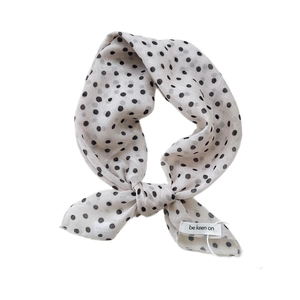 Lightweight beige polka dot cotton linen neck scarf for women stylish knotted summer headscarf