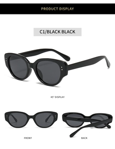 Detailed multi-angle view of black cat-eye sunglasses with silver rivet decorations