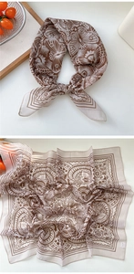 Detailed pattern of brown butterfly floral silk scarf with premium stitched edges and care label