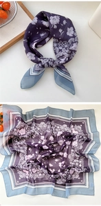 Detail view of purple floral silk square scarf with paisley border and soft texture