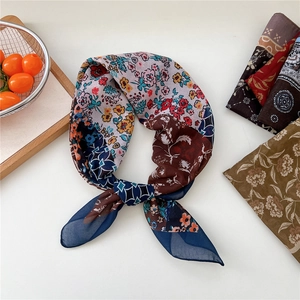 Floral square silk scarf with vintage paisley patterns and soft semi-transparent fabric