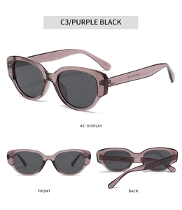 Three-angle views of Y2K cat-eye sunglasses in transparent purple with black lenses
