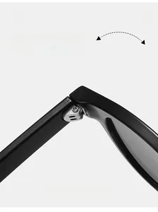 Vue macro des charnières métalliques durables sur monture de lunettes de soleil ovales noires