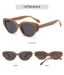 Detailed views of tea brown cat-eye sunglasses with black lenses and silver rivet accents