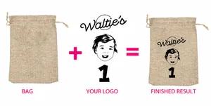 Custom linen drawstring gift pouch showing the blank bag and personalized logo printing