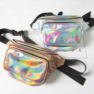Laser holographic fanny packs in silver and rose gold with adjustable black nylon straps