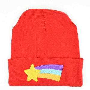 Detailed view of the red knit beanie featuring a high-quality yellow star meteor embroidery