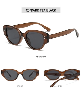 Detail view of Dark Tea Black cat-eye sunglasses with transparent brown frame and gray lens