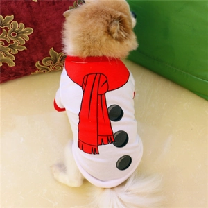 Detail of white snowman pet t-shirt with red scarf print for small dogs at Christmas