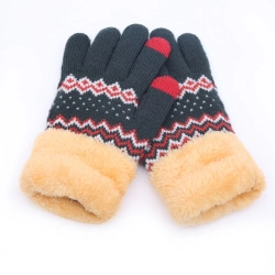 Close-up of winter knit gloves with faux fur cuffs and red touchscreen fingertips