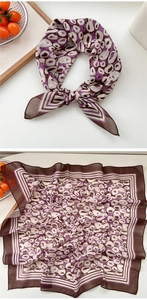 Détails de l'écharpe en soie carrée avec imprimé léopard violet et bordure rayée