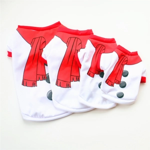 Detail view of four Christmas snowman dog t-shirts showing multiple sizes and red ribbing