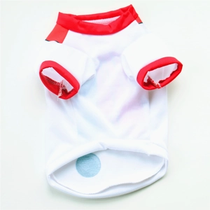 Detail of breathable white mesh dog T-shirt with red ribbed collar and cuffs