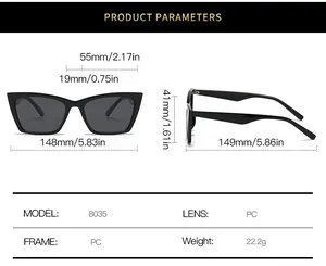 Detailed size chart for cat eye sunglasses showing dimensions and PC frame specifications