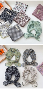 Detail of floral cotton linen square scarf with lace trim and explore infinity tag