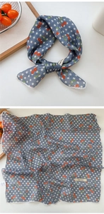Detail of blue cherry pattern square scarf with lace trim and explore infinity label