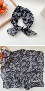 Detail of grey floral cotton linen scarf with black lace trim and butterfly print