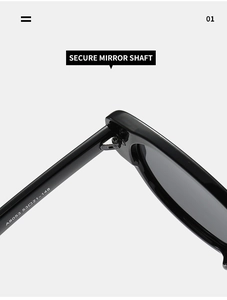 Detailed close-up of the secure mirror shaft and size specs on black Y2K sunglasses