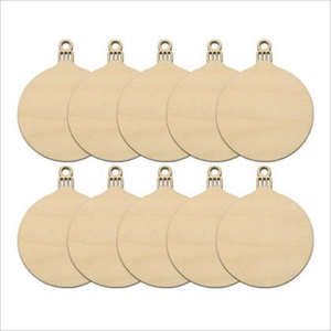 Close-up of ten round boxwood ornaments with top hanging holes on white background