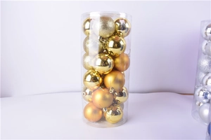 Detail of 24-pack gold Christmas baubles in matte, glossy, and glitter finishes
