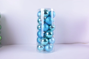 Blue Christmas ball set with matte, glossy, and glitter textures in a cylinder pack