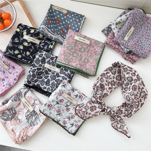 Floral Paisley Printed Square Scarf For Women Lightweight Cotton Linen Touch Neckerchief Headscarf With Scalloped Lace Edge Versatile Fashion Accessory
