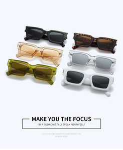 Detail shot of rectangular sunglasses in six colors with silver metal hinge accents