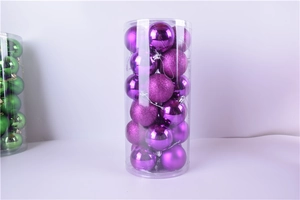 Detail of 3cm purple Christmas ball ornaments in glossy and glitter finish packaging