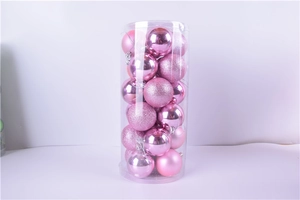 Pink 24-piece Christmas ball set with glitter, matte, and glossy finishes in a clear box