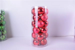 Detail of 3cm red Christmas ball ornaments with glossy, matte and glitter finishes