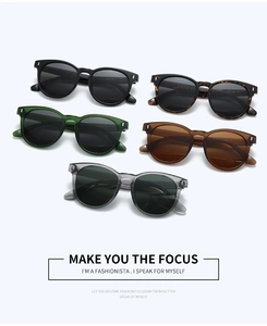 Macro display of retro oval polarized sunglasses in five trendy colors and textured frames
