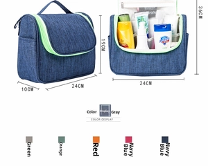 Detail of hanging travel toiletry bag with dimensions and multiple color options
