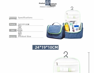 Detail view of large travel toiletry bag with hook and mesh compartments, 24x19x10cm size