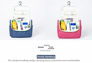 Detail showing hanging hook and multi-layer internal compartments of travel toiletry bag