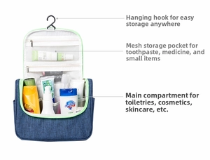 Detail of blue travel toiletry bag showing hanging hook and multi-compartment interior