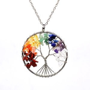 Detailed macro view of handmade silver Tree of Life pendant with seven chakra crystals