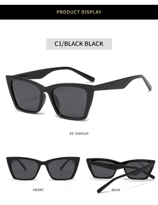 Detailed multi-angle views of black cat-eye square sunglasses with wide temples