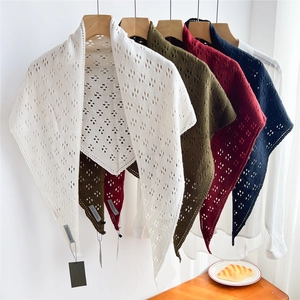 French style knitted striped triangle scarf shawl in cream, green, red and navy blue
