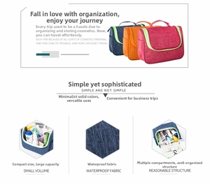 Detail view of large travel toiletry bag showing waterproof fabric and multiple compartments
