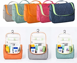 Detail showing hanging travel toiletry bag with multiple layers and waterproof fabric