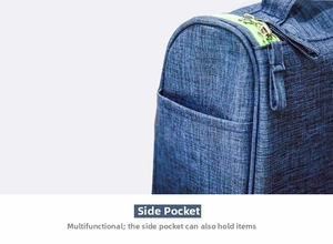 Detail of travel toiletry bag side pocket with textured fabric and green zipper accent
