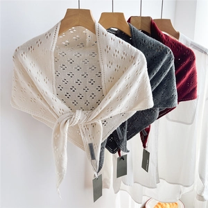 Women Knit Triangular Scarf Shawl Hollow Out Pointelle Elegant Winter Warm Merino Wool Blend Front Tie Chic Wrap