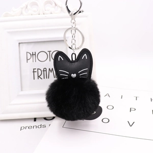 Detailed view of plush black cat keychain with faux fur ball and silver metal clasp